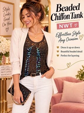 Retro Glam Beaded Black Chiffon Tank Top - Stylish Layering Piece NWT